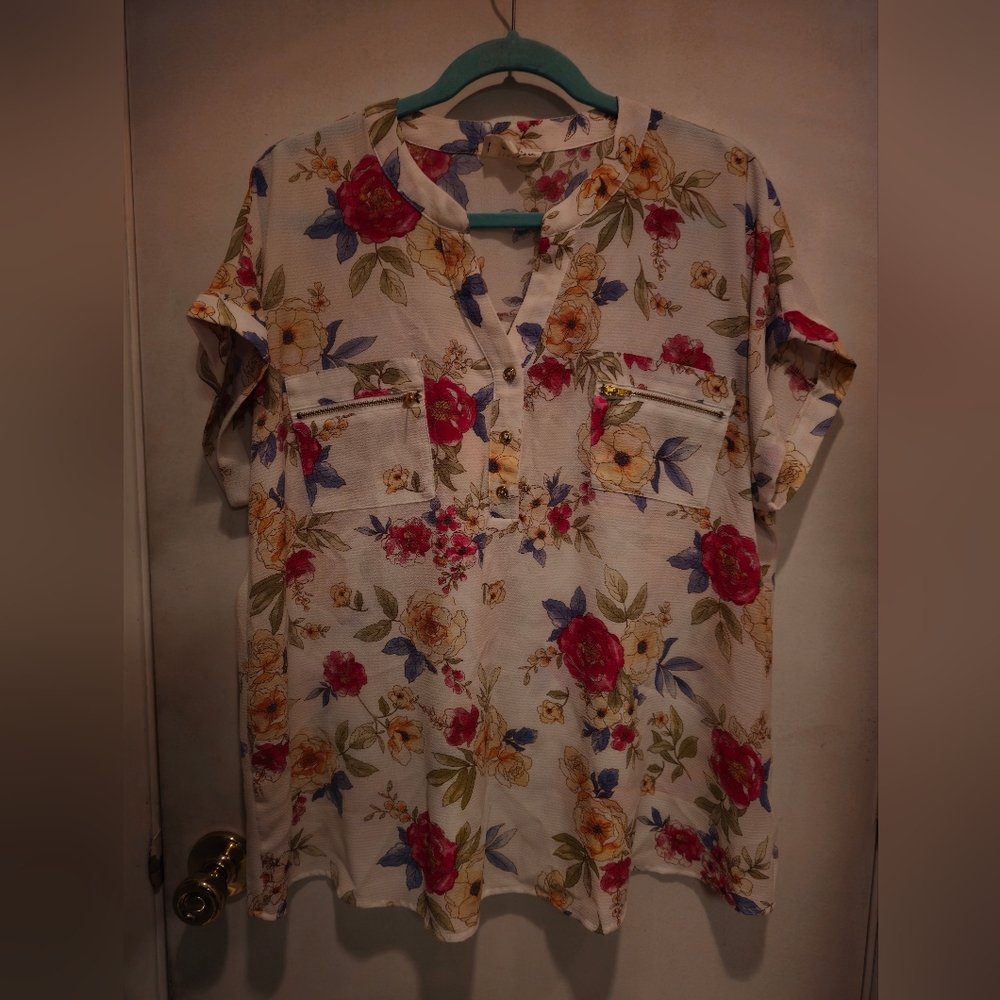 Flower & Feather Floral Blouse in Cream, Blue & Pink